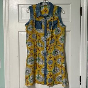 Pinky Yellow Floral Denim-Trim collared button down sleeveless shift dress